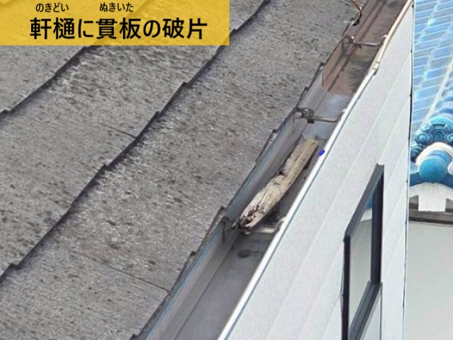 軒樋に貫板の破片