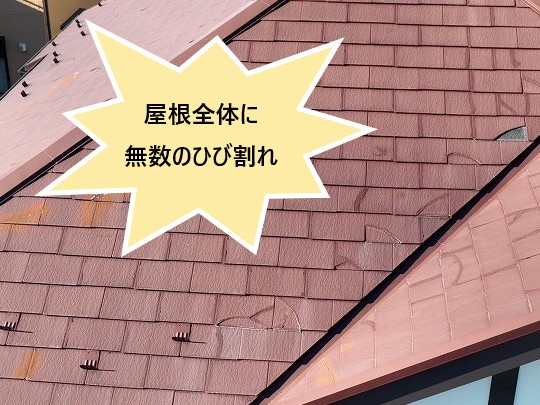 屋根全体にひび割れ