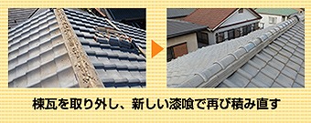 棟瓦を取り羽津氏、新しい漆喰で再び積み直す