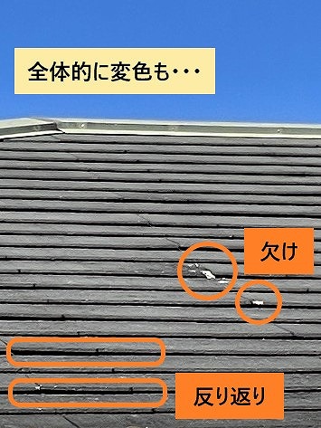 全体的な変色、欠け、反り返り