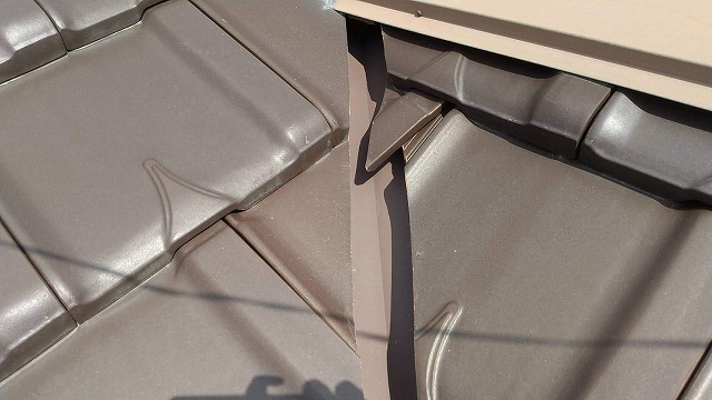谷部の平板瓦の一部がズレている状況