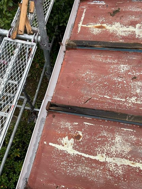 瓦棒葺き屋根の芯木が腐っている様子