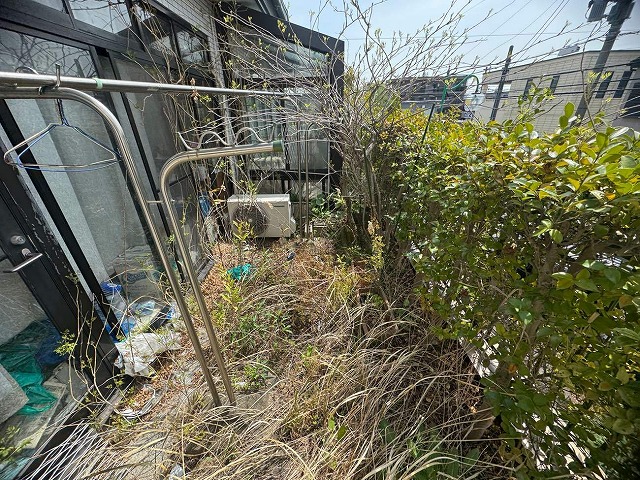 植栽や雑草で埋め尽くされている住宅のベランダ状況