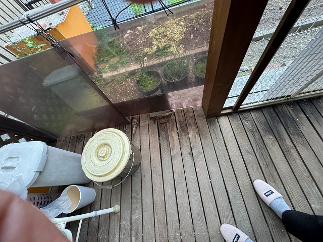 修繕工事を行うウッドデッキの劣化状況を確認した現場調査