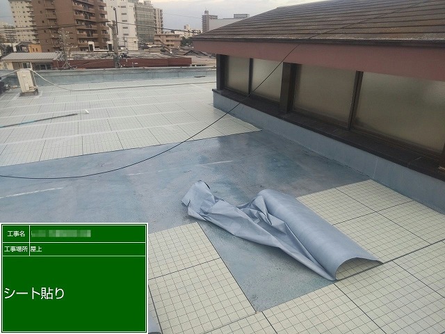 ウレタン塗膜防水工事で通気緩衝シートの貼り付け施工