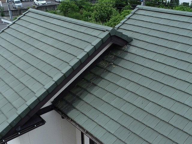 ドローンを用いた住宅屋根の点検で鳥の巣があった形跡を確認