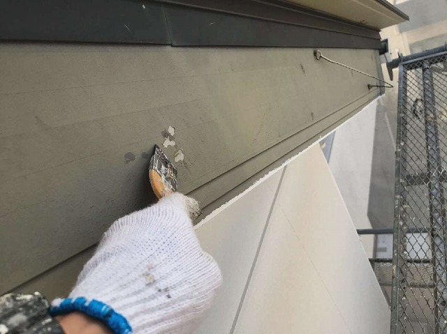 鼻隠しや破風の釘頭を補修している様子