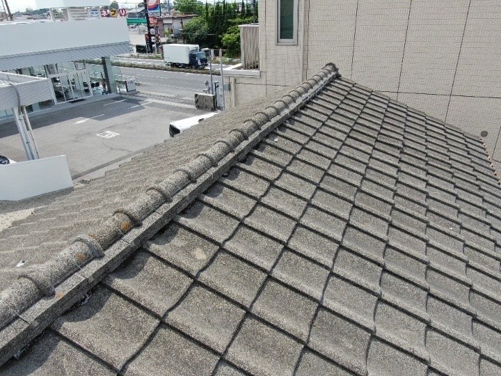 棟瓦の通りと屋根面の全体状態を確認