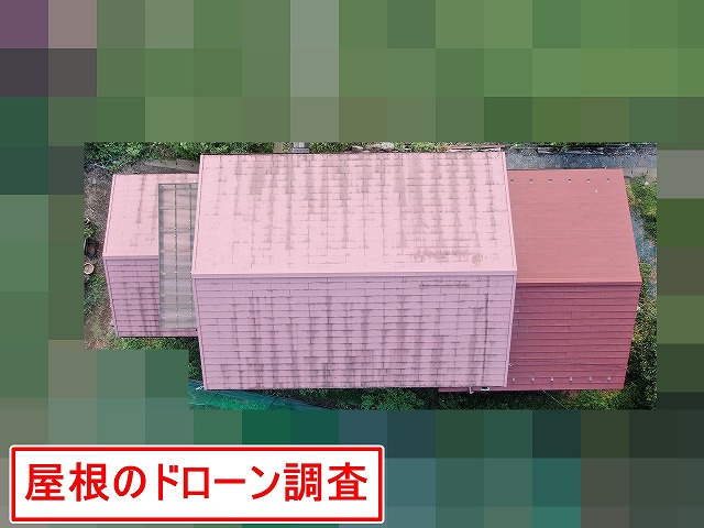 都留市で雨漏りしたスレート屋根をドローン調査する様子