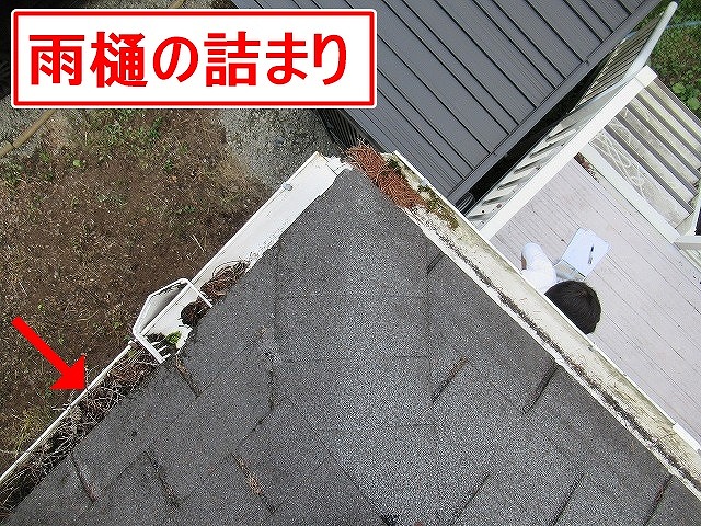 南都留郡鳴沢村で雨樋（軒樋・集水器）が落ち葉や枝で詰まっている様子