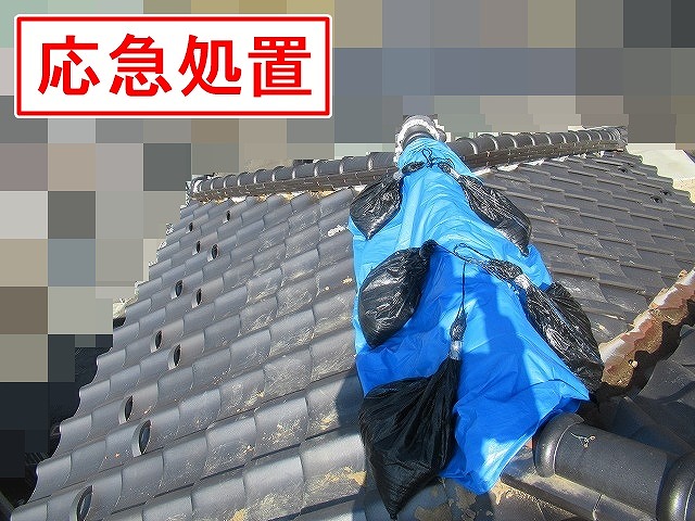 甲府市で崩れた棟瓦を撤去し、ブルーシートで応急処置する様子