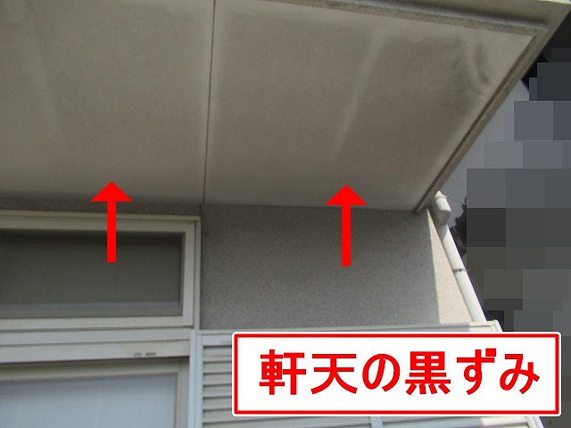 甲府市で住宅の軒天がカビて黒ずんでいる様子