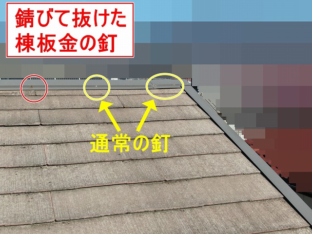 甲府市でスレート（コロニアル）屋根の調査で板金の釘錆び・抜けを確認する様子