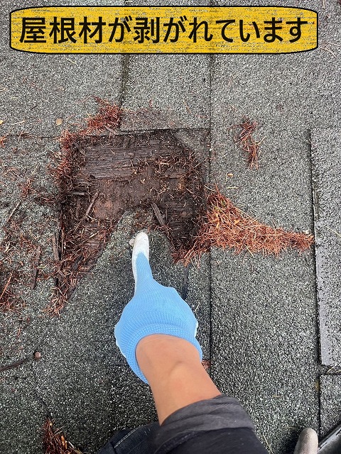 山中湖村　雨漏り　応急処置　アスファルトシングル　屋根　穴