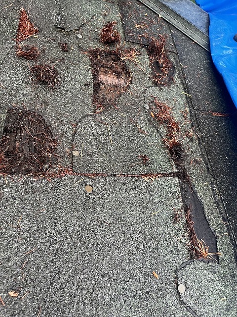 山中湖村　雨漏り　応急処置　アスファルトシングル　屋根　穴