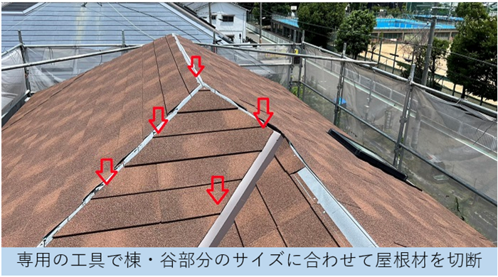 棟・谷部分を専用工具で切断し葺いている様子