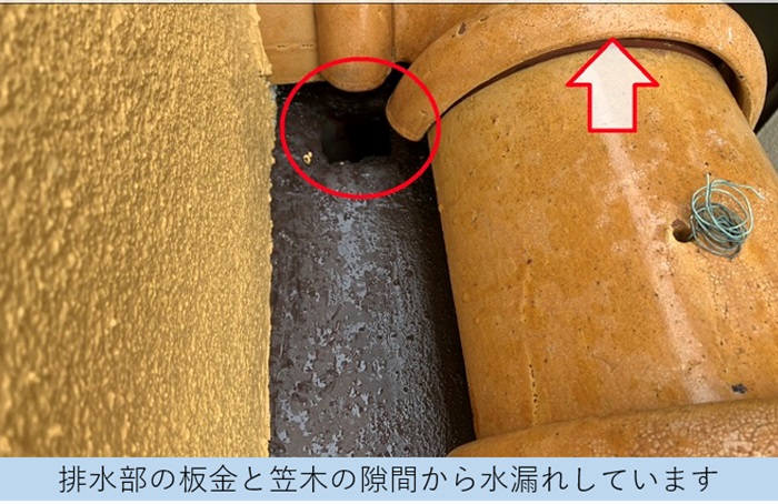 板金の排水部と笠木の隙間が雨漏り原因