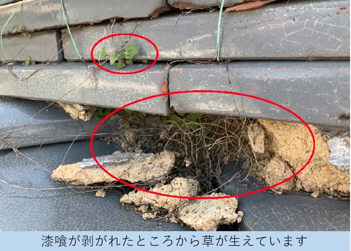 瓦屋根の漆喰が剥がれ草が生えている様子