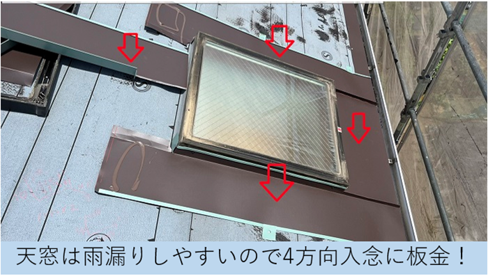 天窓廻りに板金を取り付けている様子