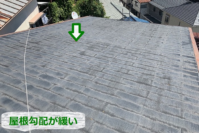 緩傾斜な屋根にスレートが葺かれている様子