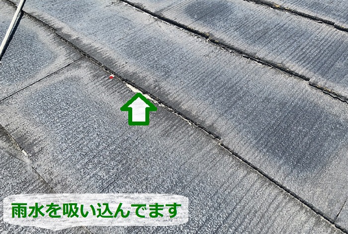 屋根勾配が緩く雨水を吸い込んでいる様子