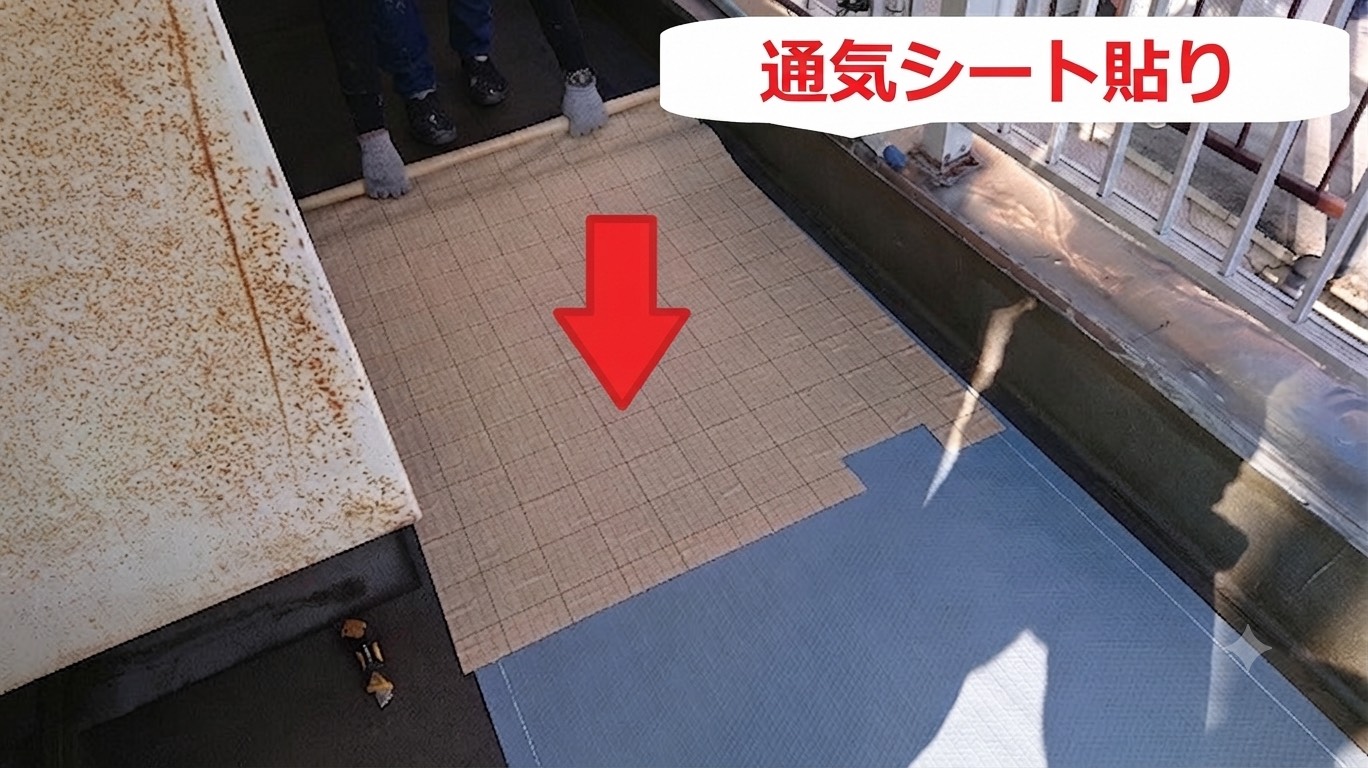 加古川市で面積10㎡の防水工事としてウレタン防水通気緩衝工法を行う現場で通気シート貼り