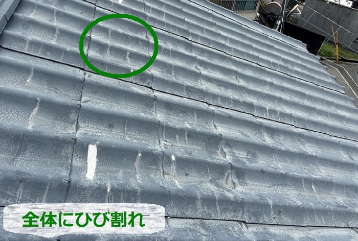 屋根全体がひび割れている様子