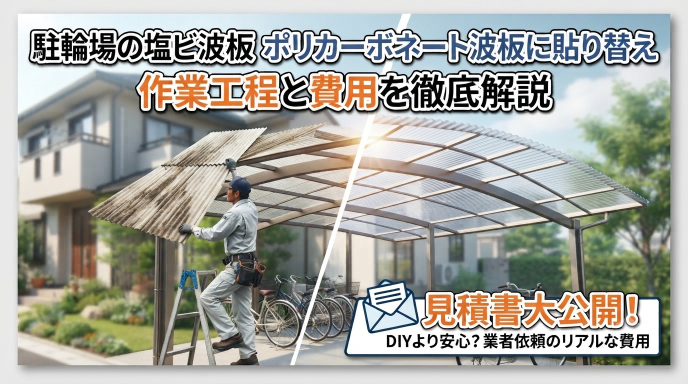 神戸市北区で駐輪場の塩ビ製波板をポリカ波板へ張り替える現場のサムネイル
