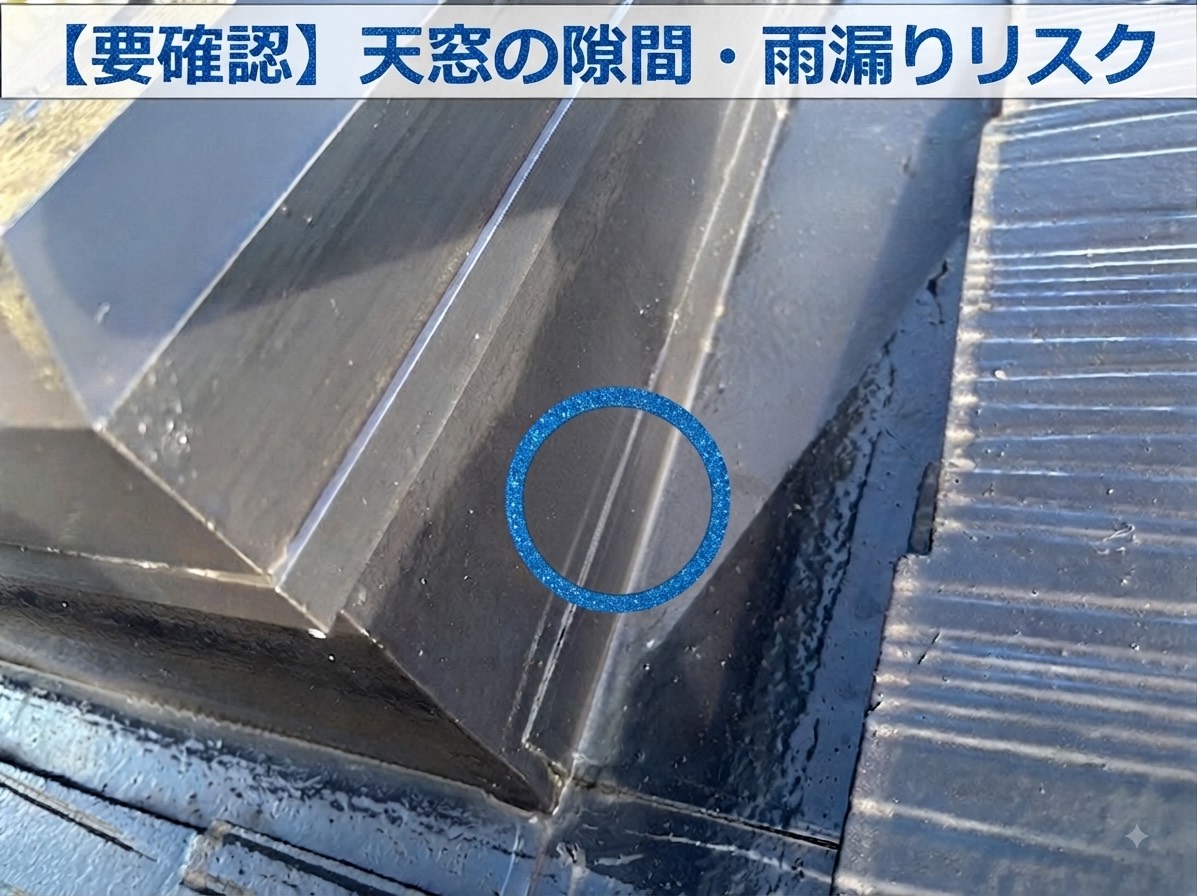 連棟屋根の雨漏り原因を無料点検していると天窓に不自然な隙間が発生しているのを発見