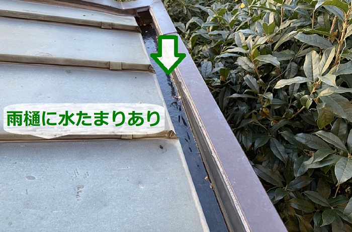 雨漏り診断士が行うエントランス屋根の雨漏り調査で雨樋に水たまりを発見