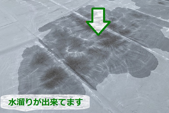 屋上のシート防水に水が溜まっているようす