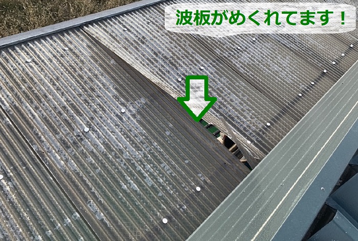 戸建ての雨漏り無料診断を行っている現場で波板が飛散しそうな状態