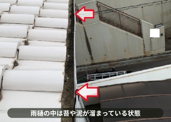 猪名川町 雨樋工事を行う前は泥や苔が溜まっている状態でした