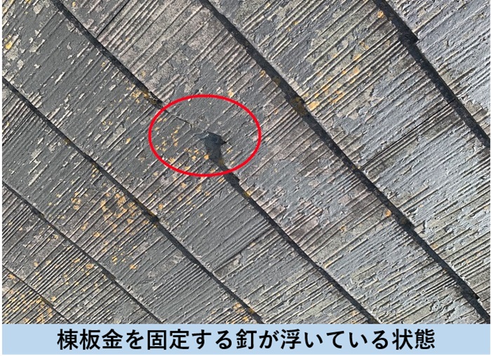 棟板金の固定釘が錆びて浮いています