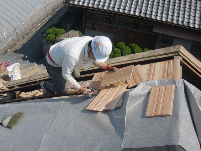 岸和田市土生町の杉の無垢材を張っています！