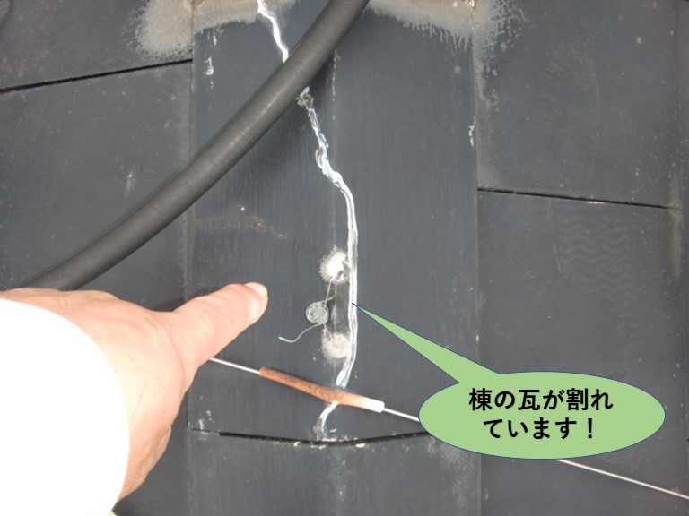 阪南市の棟の瓦が割れています