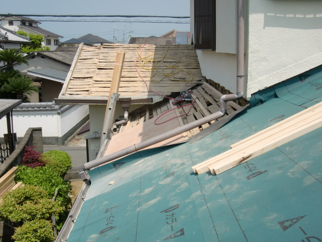 泉南市岡田の屋根にルーフィング張り