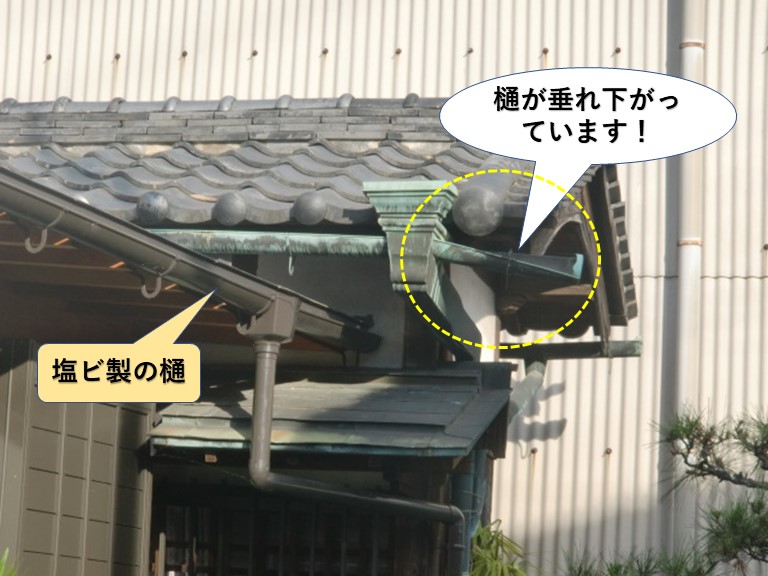 泉北郡忠岡町の樋が垂れ下がっています