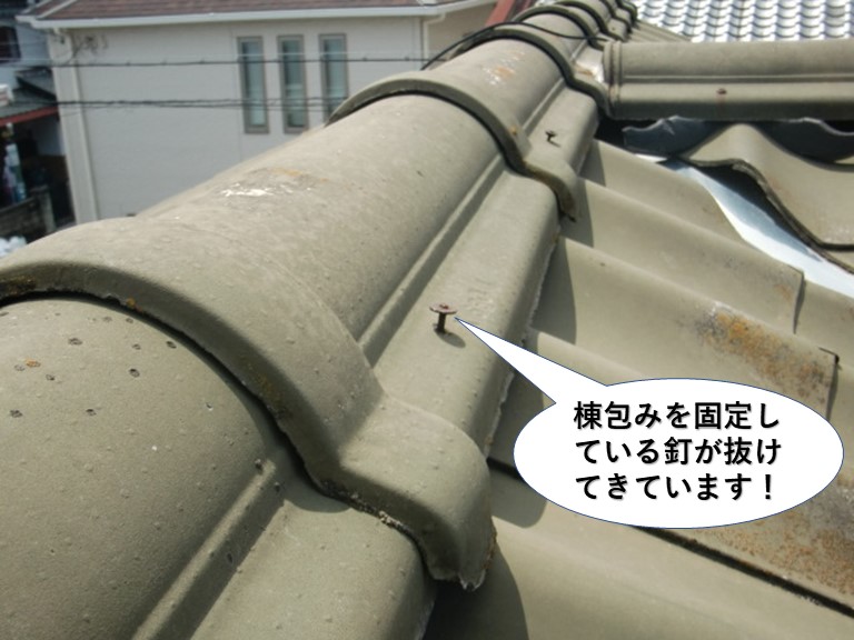 泉佐野市の棟包みを固定している釘が抜けてきています