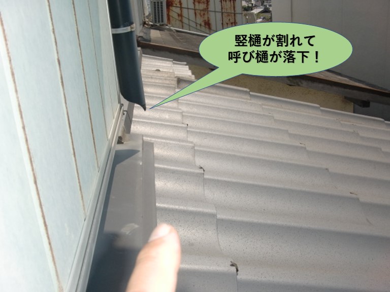 岸和田市の竪樋が割れて呼び樋が落下