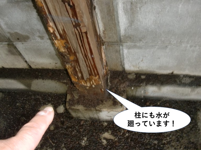 堺市のガレージの内部の柱にも水が廻っています