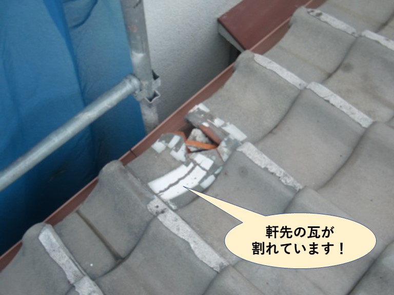 和泉市の軒先の瓦が割れています