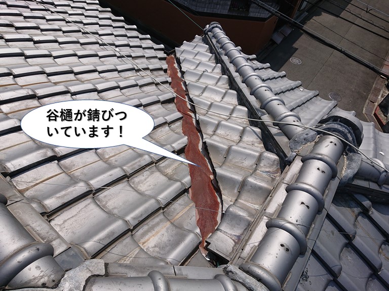 泉佐野市の谷樋が錆びついています