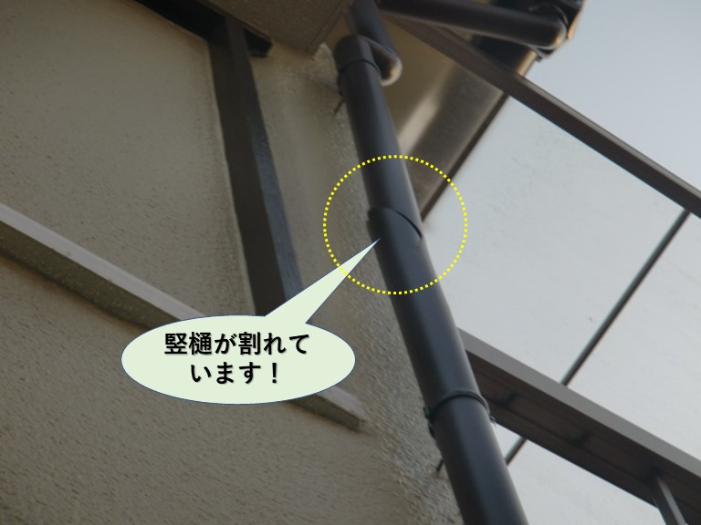 岸和田市の竪樋が割れています