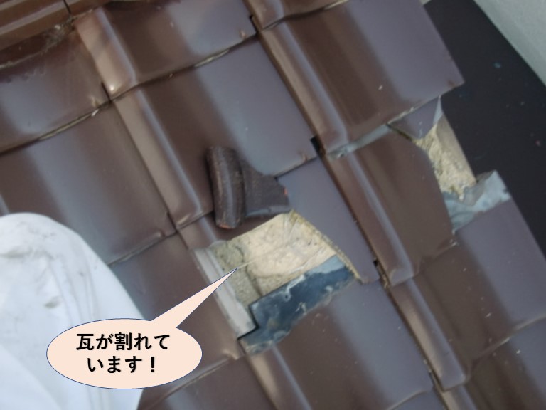 忠岡町の瓦が割れています