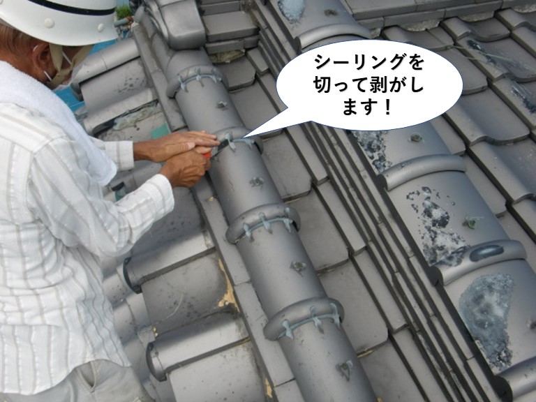 岸和田市の屋根のシーリングを切って剥がします