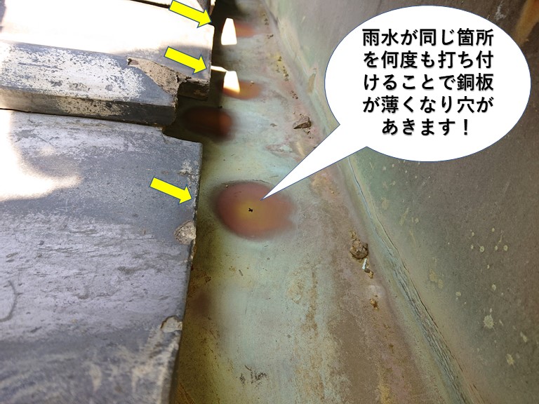 岸和田市の谷樋の銅板が薄くなり穴があきます