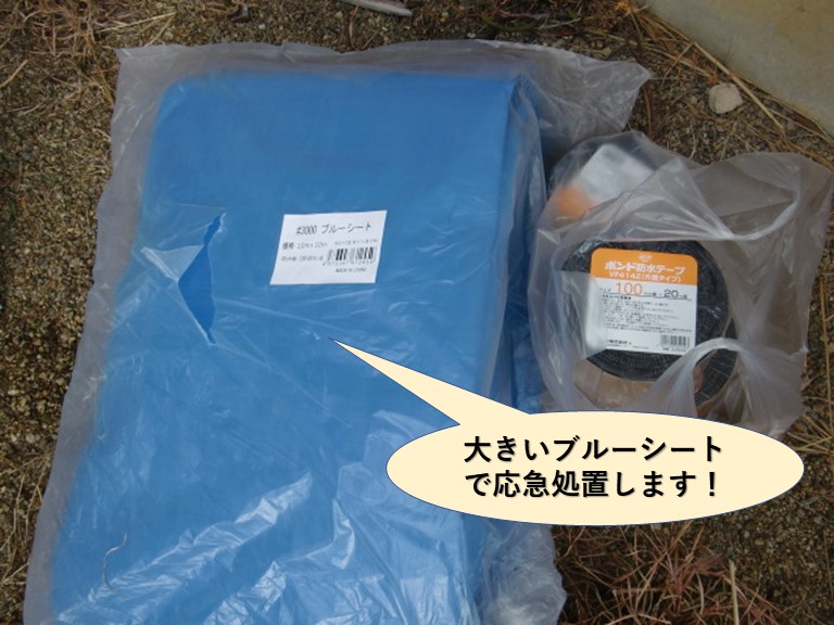 貝塚市の陸屋根を大きいブルーシートで応急処置します