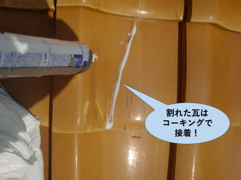 泉大津市の割れた瓦はコーキングで接着
