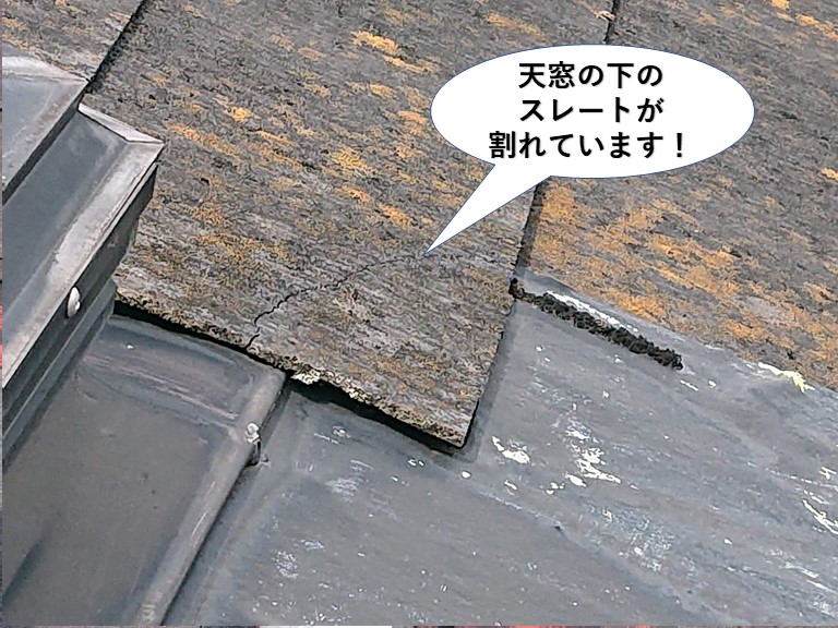 岬町の天窓の下のスレートが割れています